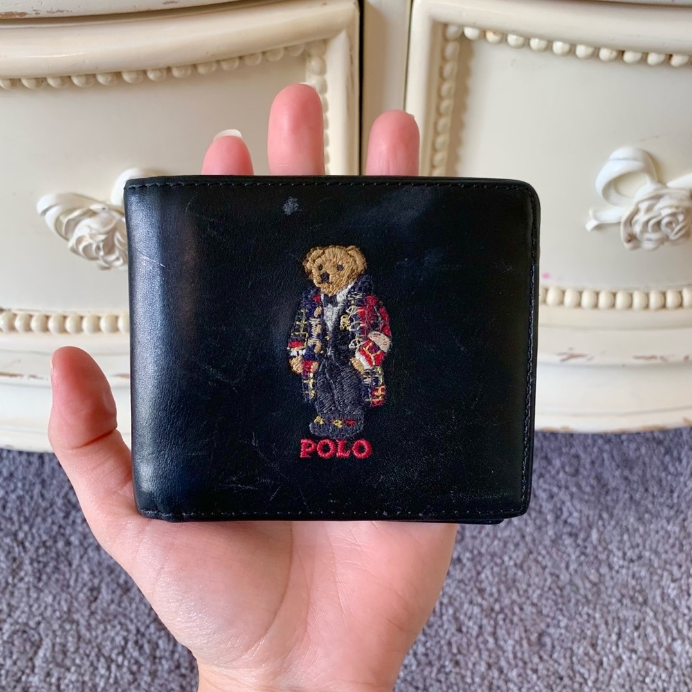 Ralph Lauren Polo Black Leather Bear Bi Fold Wallet
